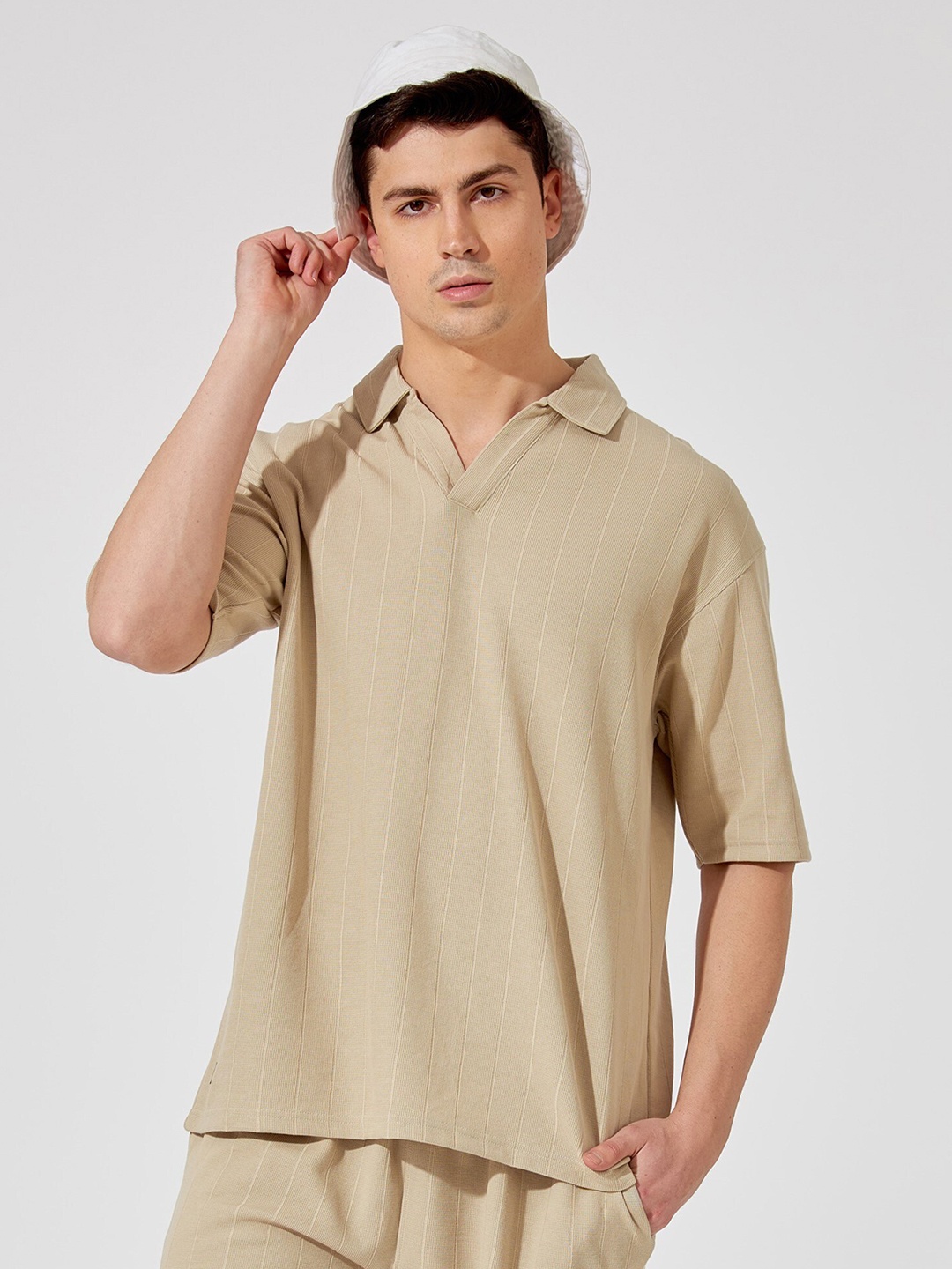 

Maniac Polo Collar Drop Shoulder Sleeves Cotton Oversized T-shirt, Beige