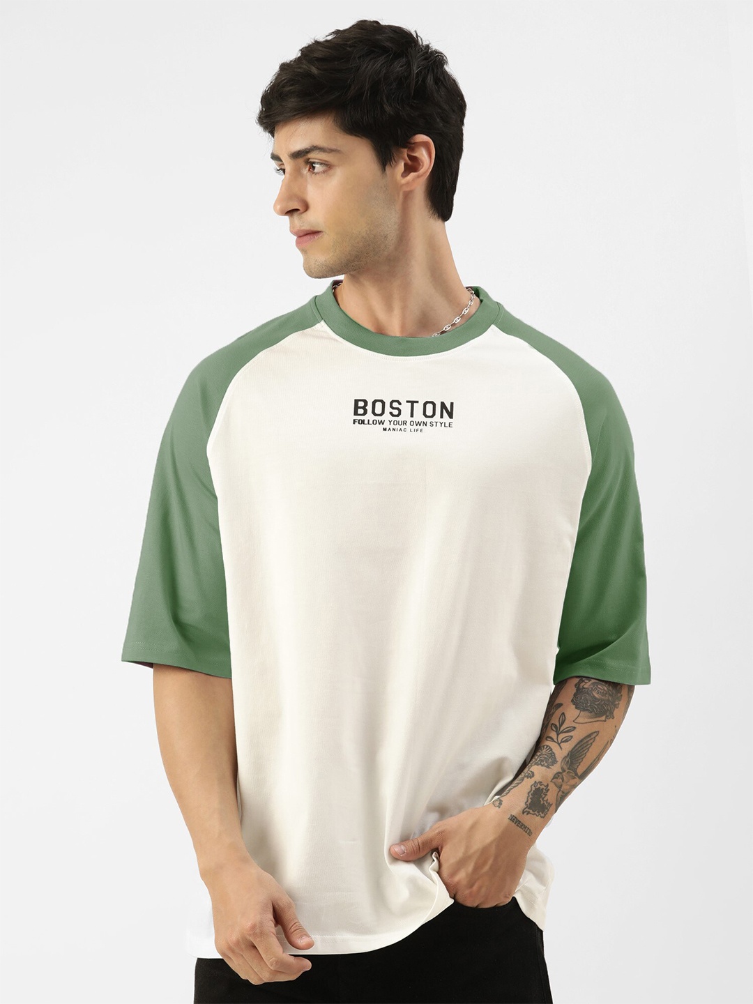 

Maniac Typography Printed Raglan Sleeves Cotton Oversized T-shirt, Green