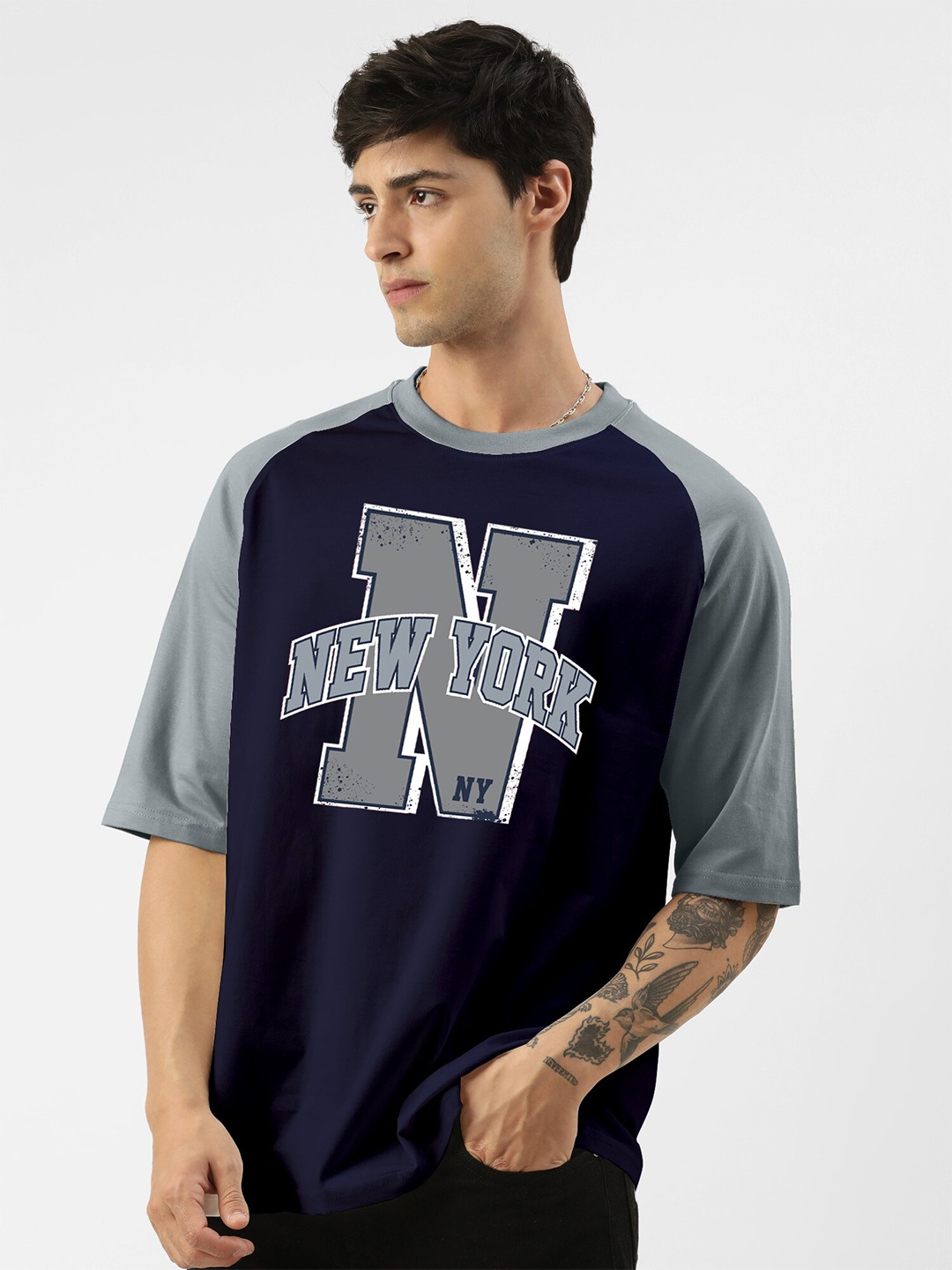 

Maniac Typography Printed Raglan Sleeves Cotton Oversized T-shirt, Navy blue