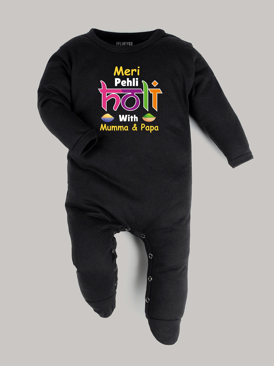 

FFLIRTYGO Infant Printed Holi Special Sleepsuit, Black