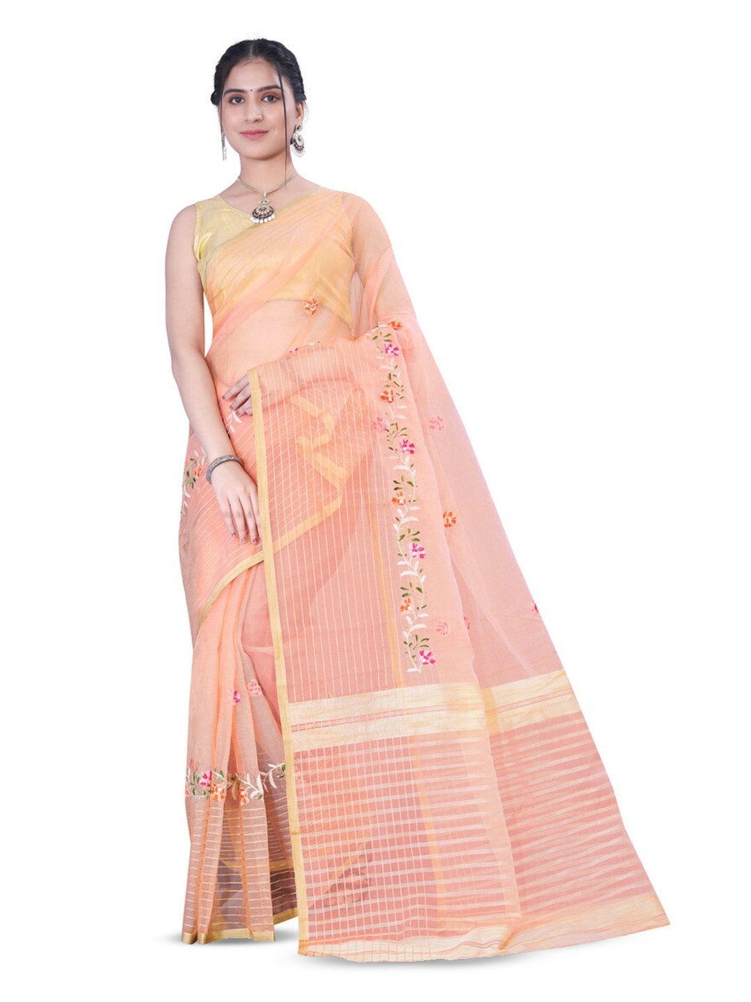 

suyukti creation Floral Embroidered Tissue Tussar Saree, Peach