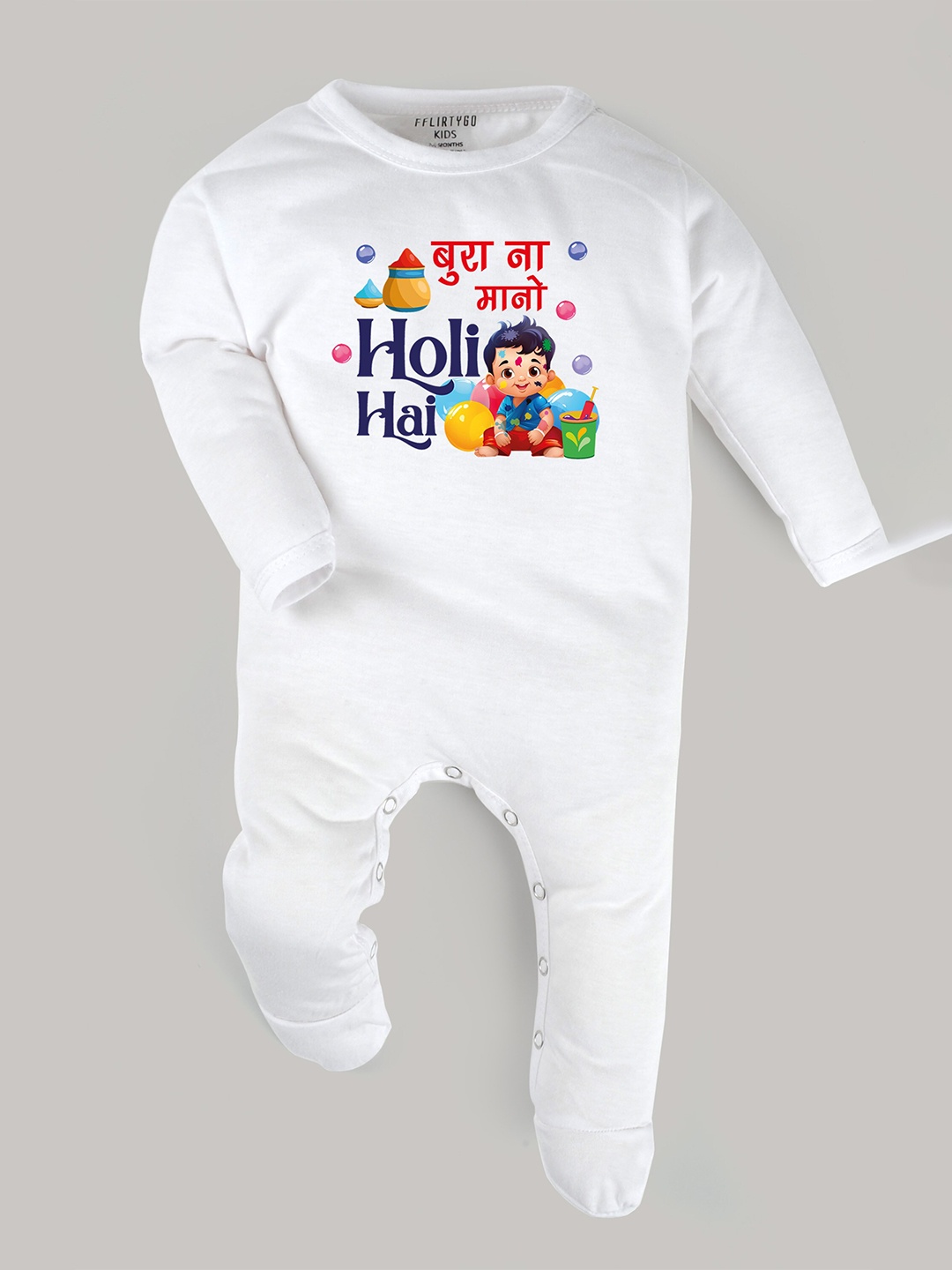 

FFLIRTYGO Infants Typography Printed Holi Special Pure Cotton Sleepsuit, White