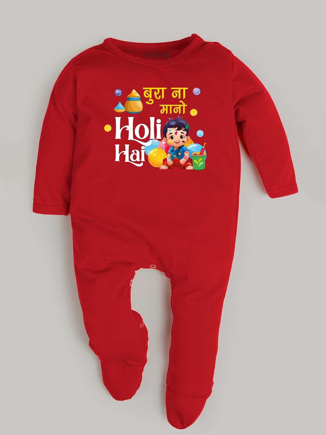 

FFLIRTYGO Infant Printed Holi Special Pure Cotton Sleepsuit, Red