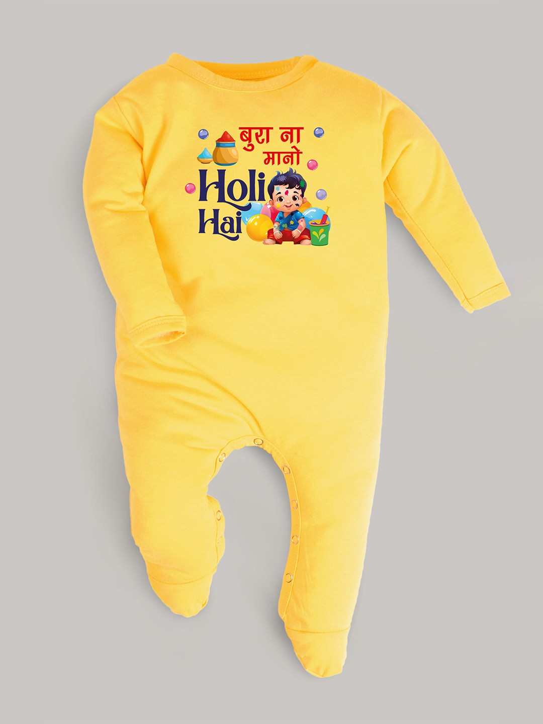

FFLIRTYGO Infant Printed Holi Special Sleepsuit, Yellow