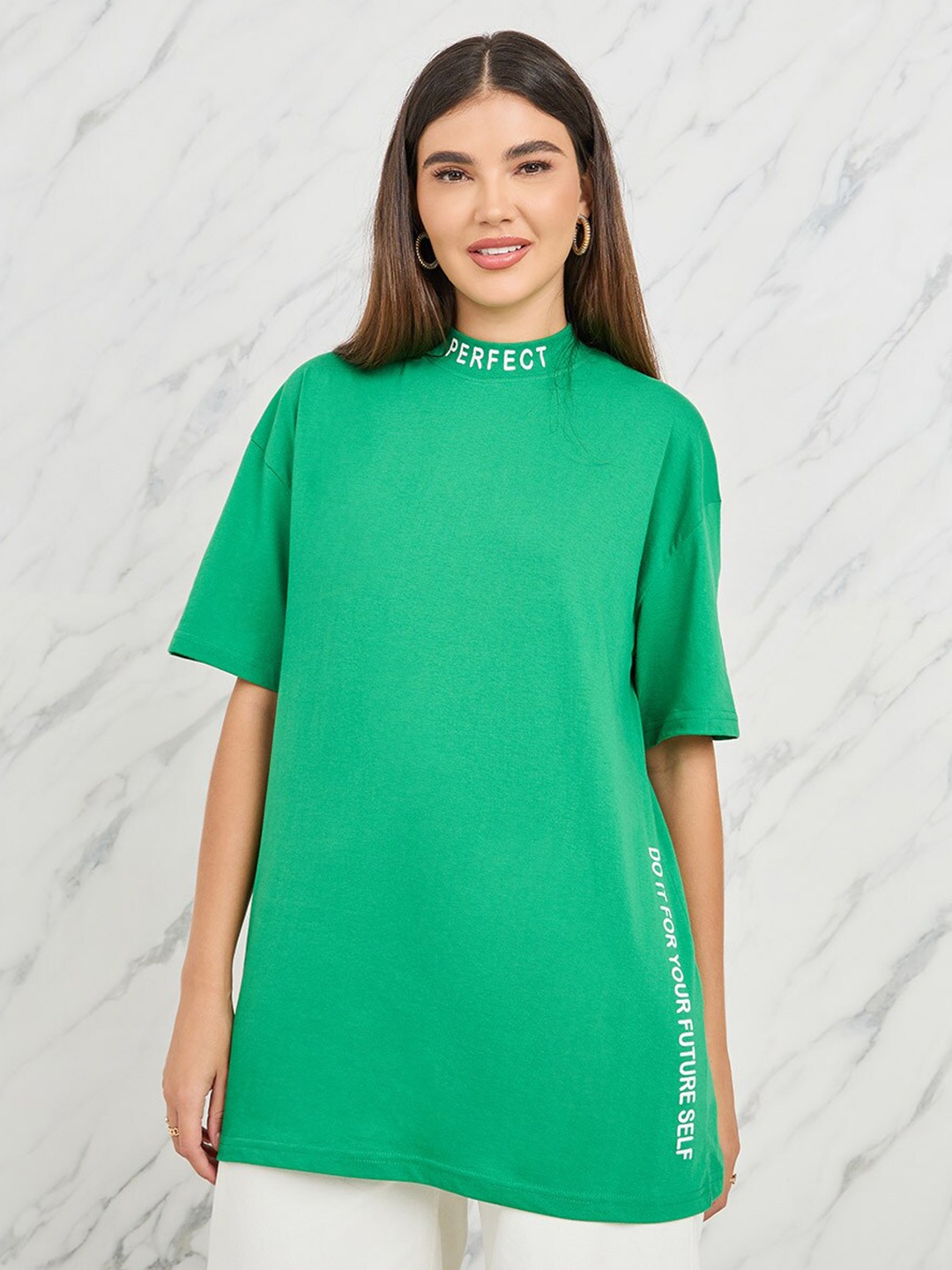 

Styli Green Typography Printed Longline Oversized T-shirt