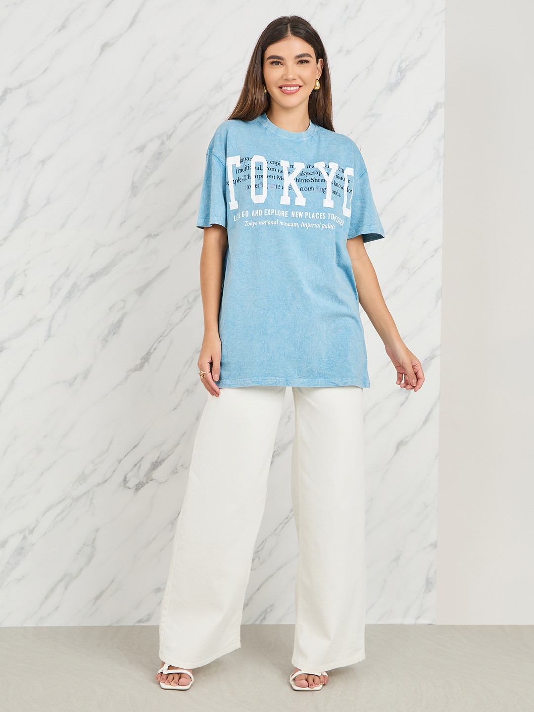

Styli Blue Typography Printed Pure Cotton Longline Oversized T-shirt