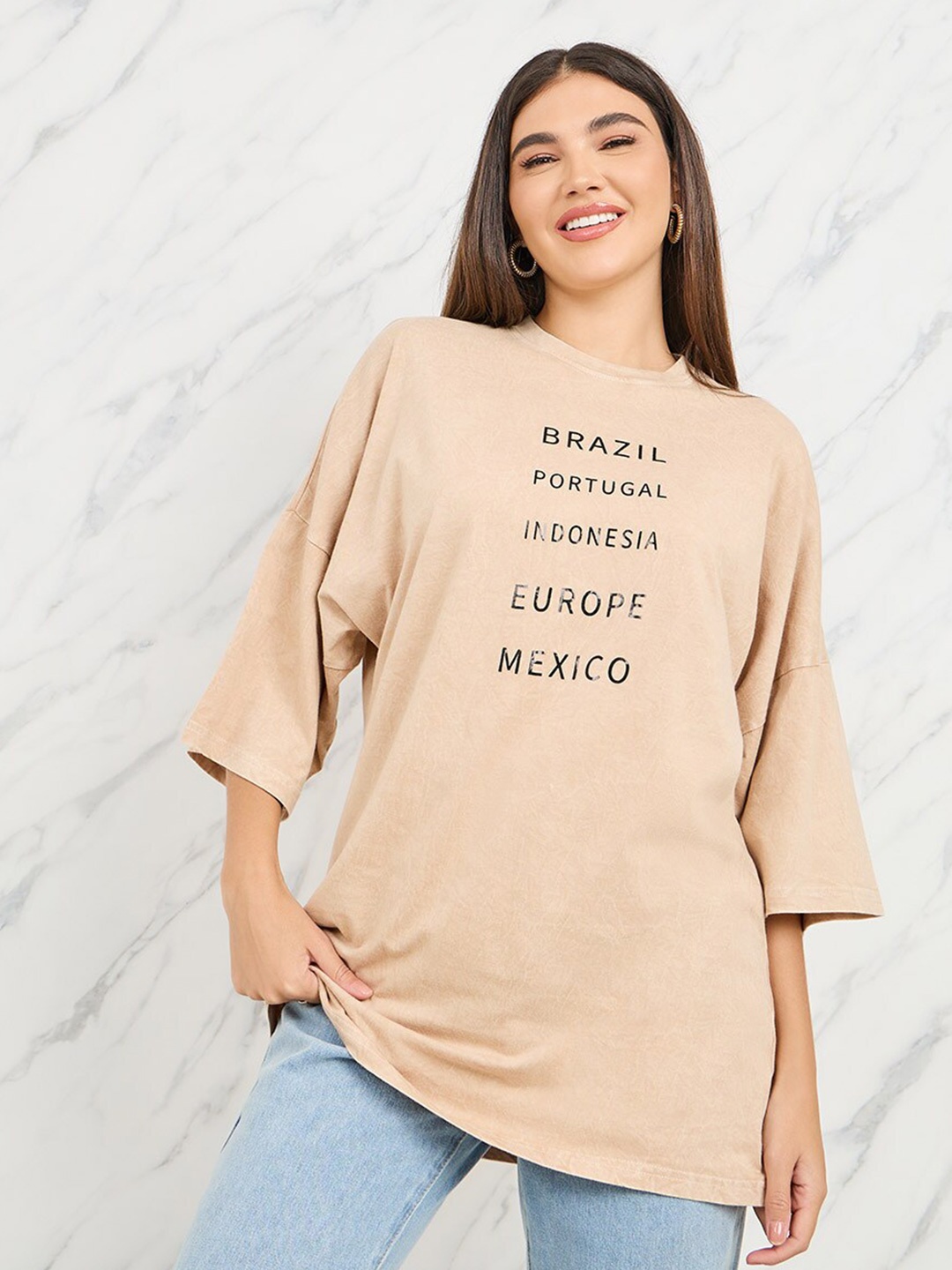 Styli Beige Typography Printed Pure Cotton Longline Oversized T-shirt