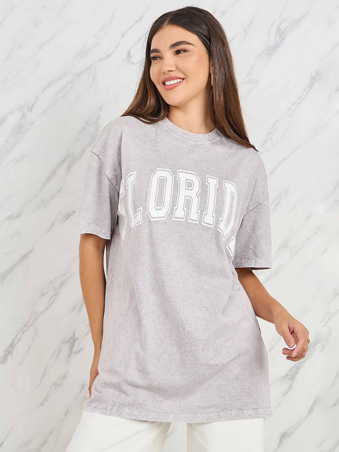 

Styli Grey Typography Printed Pure Cotton Longline Oversized T-shirt
