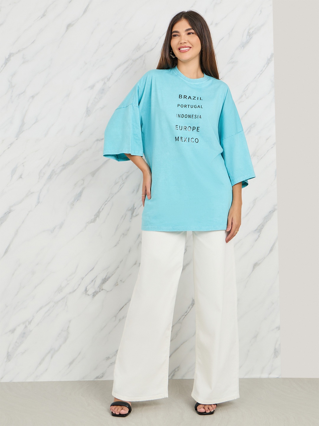 Styli Blue Typography Printed Pure Cotton Longline Oversized T-shirt, Turquoise blue