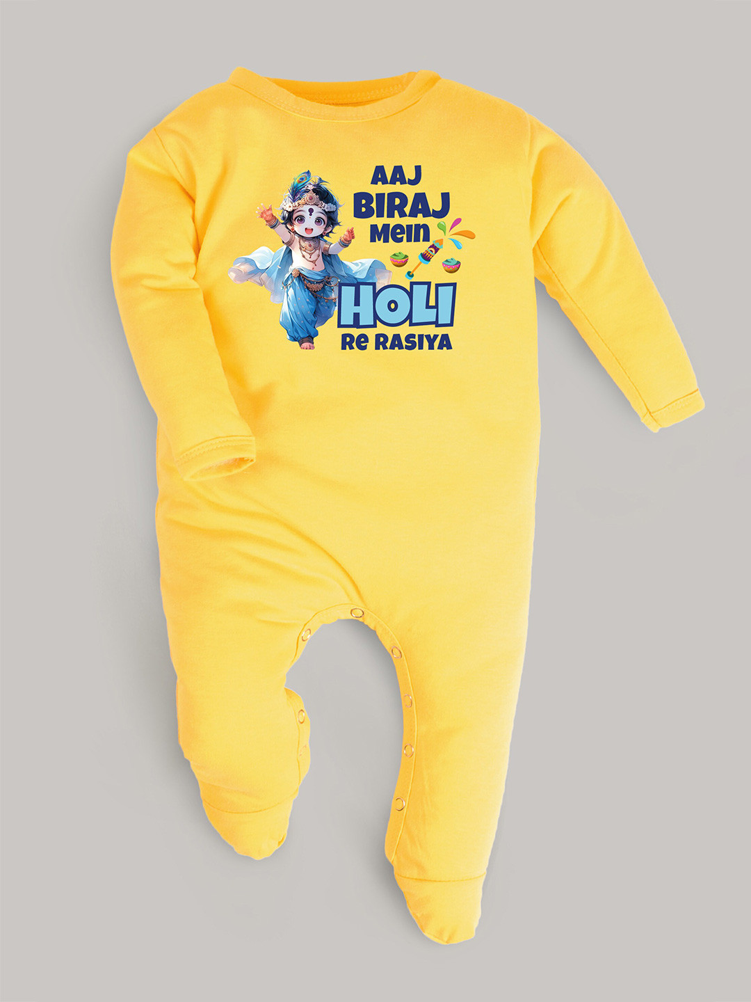 

FFLIRTYGO Infants Holi Special Printed Cotton Sleepsuit, Yellow
