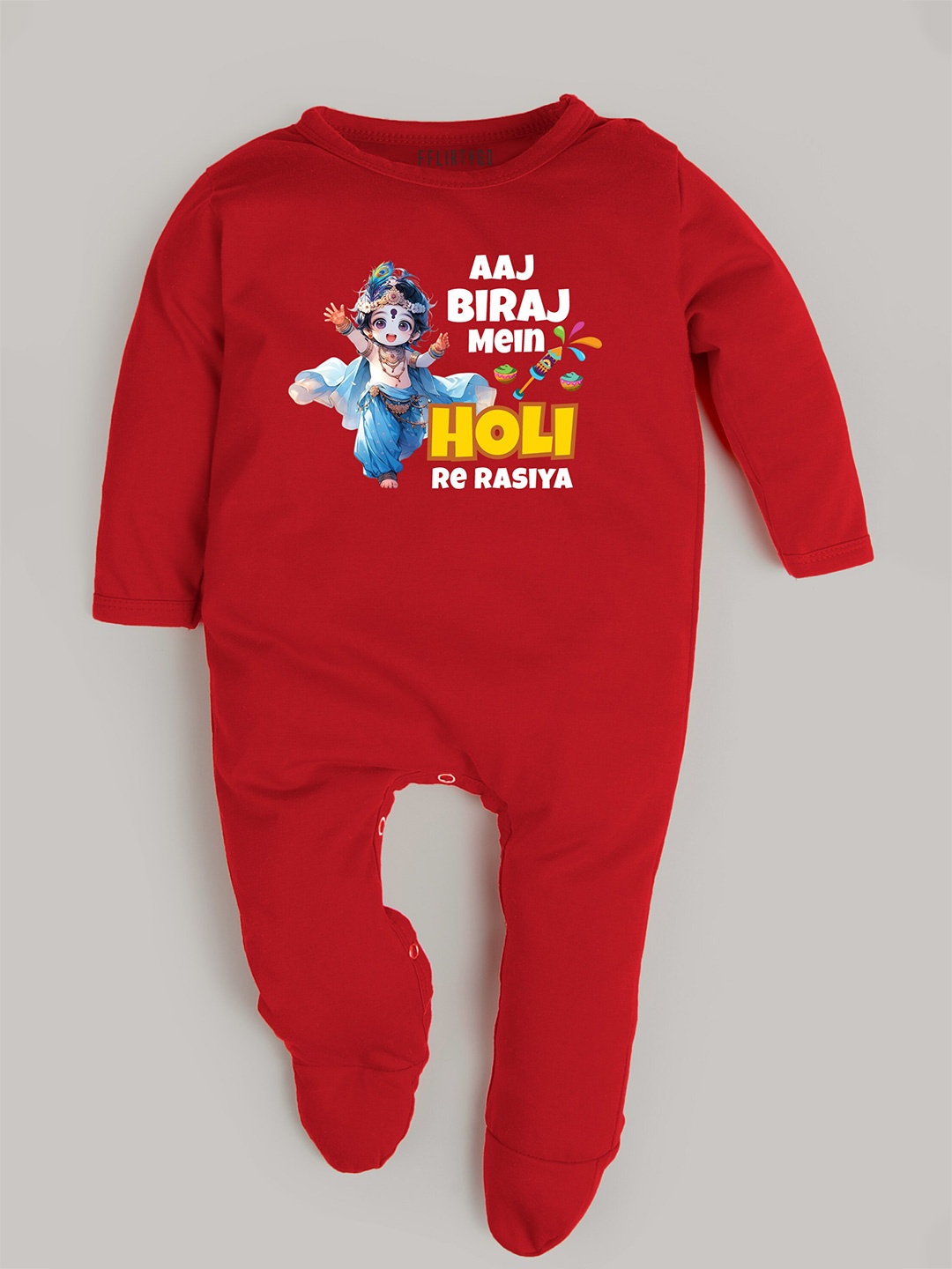 

FFLIRTYGO Infants Typography Printed Holi Special Pure Cotton Sleepsuit, Red