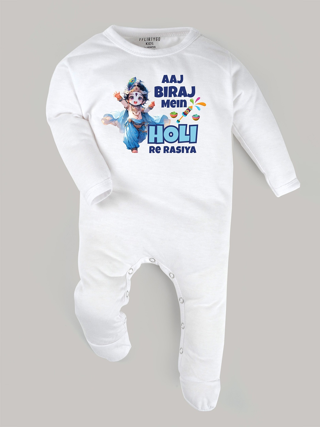 

FFLIRTYGO Infant Printed Holi Special Pure Cotton Sleepsuit, White
