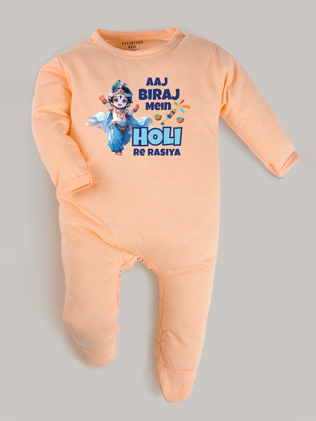 

FFLIRTYGO Kids Holi Printed Cotton Sleepsuit, Peach