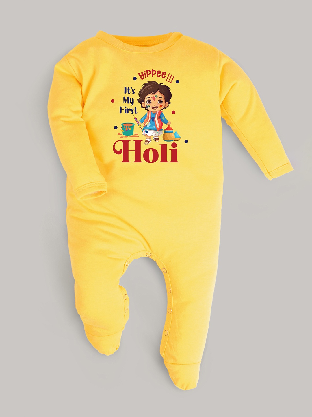 

FFLIRTYGO Infant Holi Special Printed Cotton Sleepsuit, Yellow