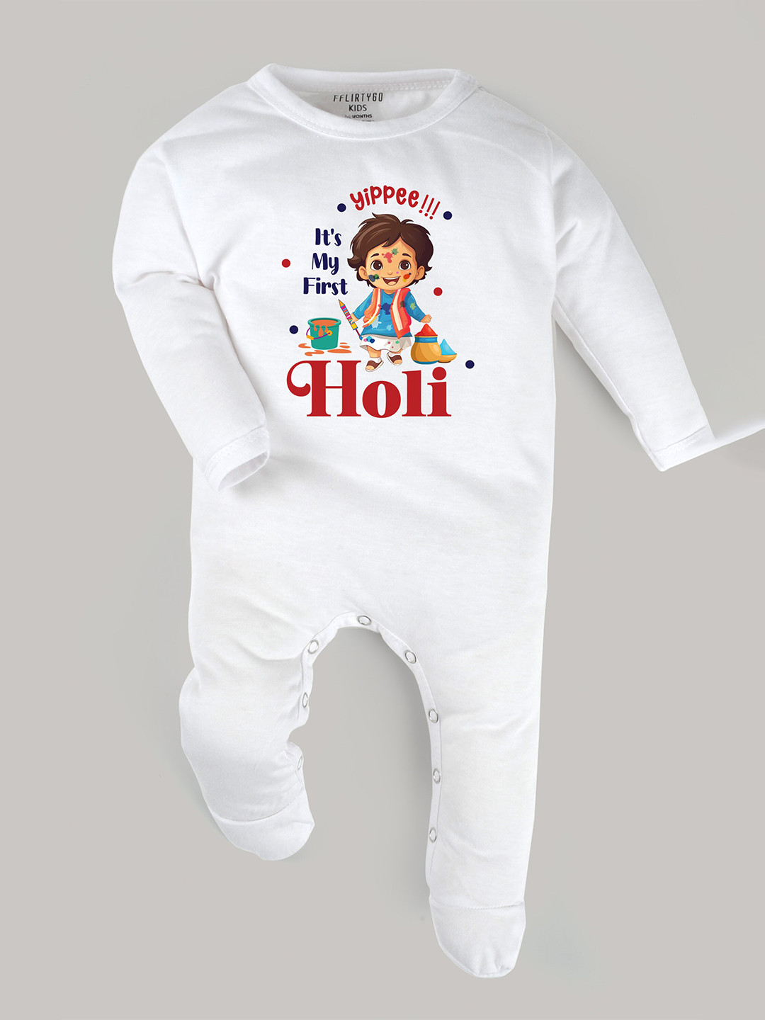 

FFLIRTYGO Infant Holi Special Printed Pure Cotton Sleepsuit, White