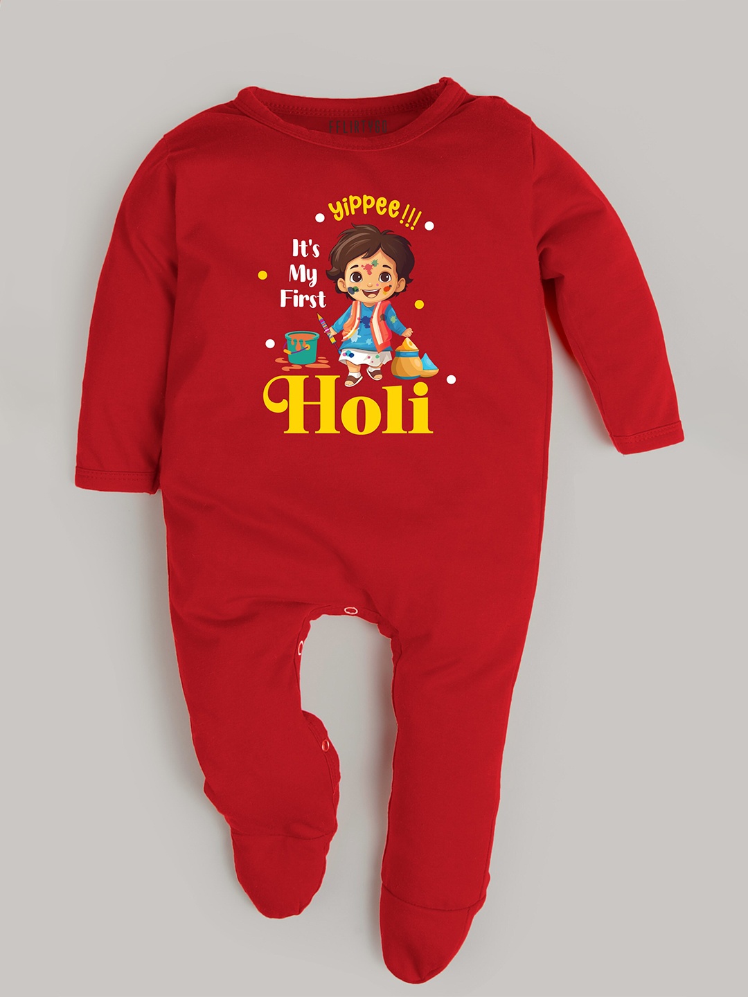 

FFLIRTYGO Infant Printed Holi Special Sleepsuit, Red