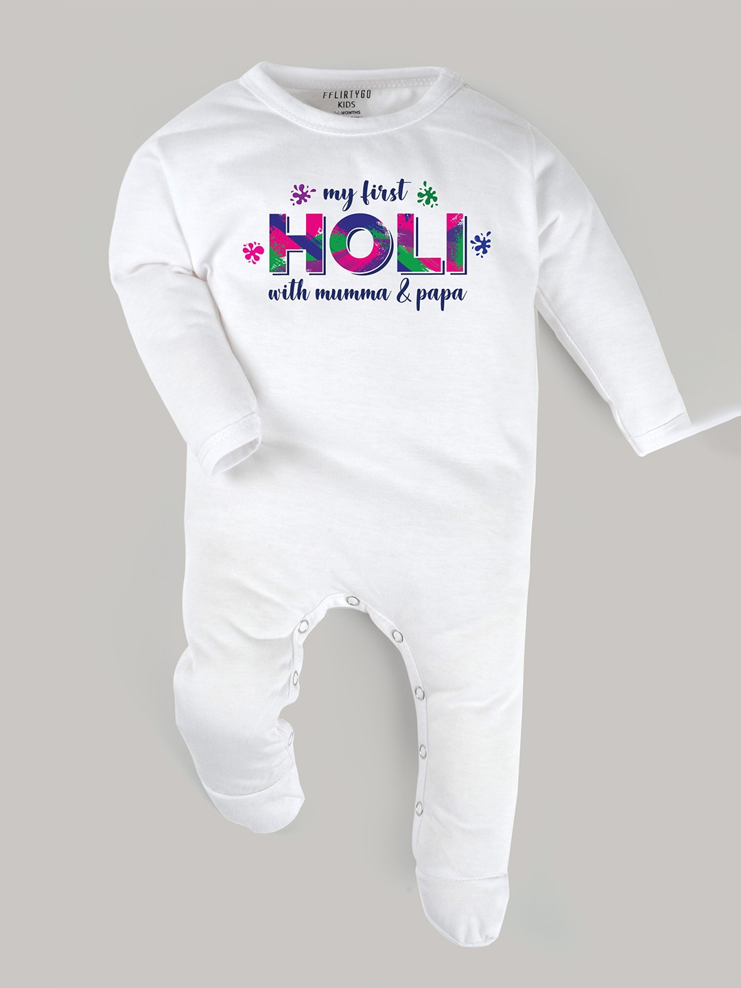 

FFLIRTYGO Infants Typography Printed Holi Special Pure Cotton Sleepsuit, White