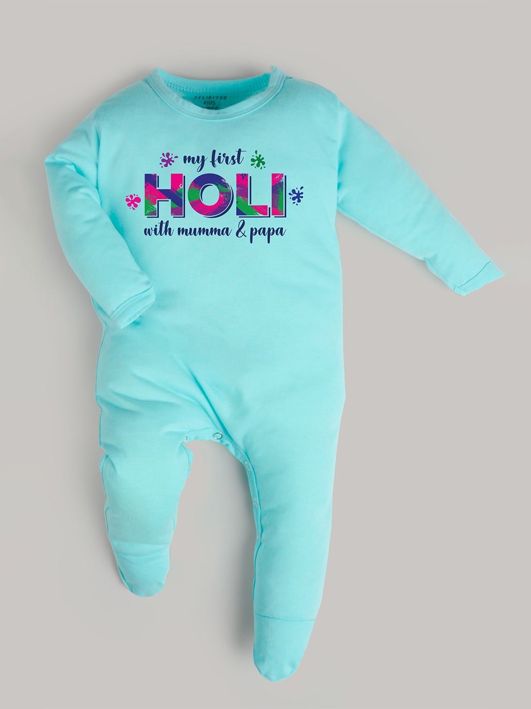 

FFLIRTYGO Infants Holi Special Printed Pure Cotton Sleepsuit, Turquoise blue