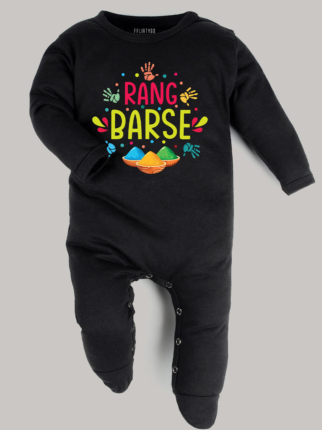 

FFLIRTYGO Infants Holi Special Printed Cotton Sleepsuit, Black