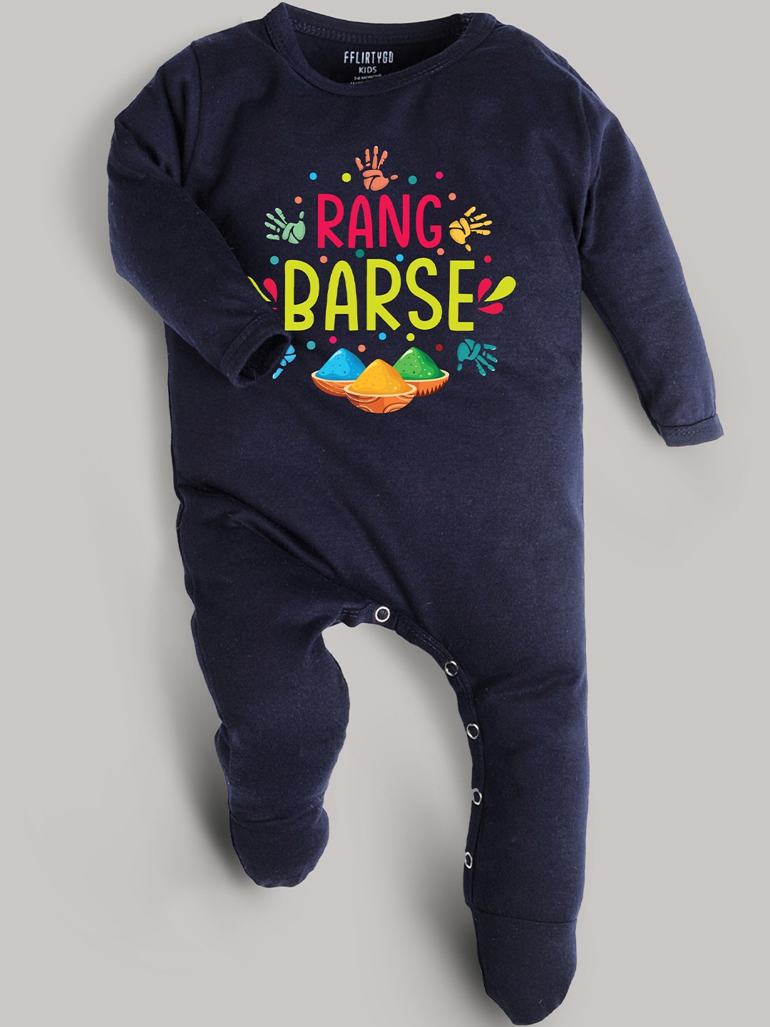 

FFLIRTYGO Infants Holi Special Printed Cotton Sleepsuit, Navy blue