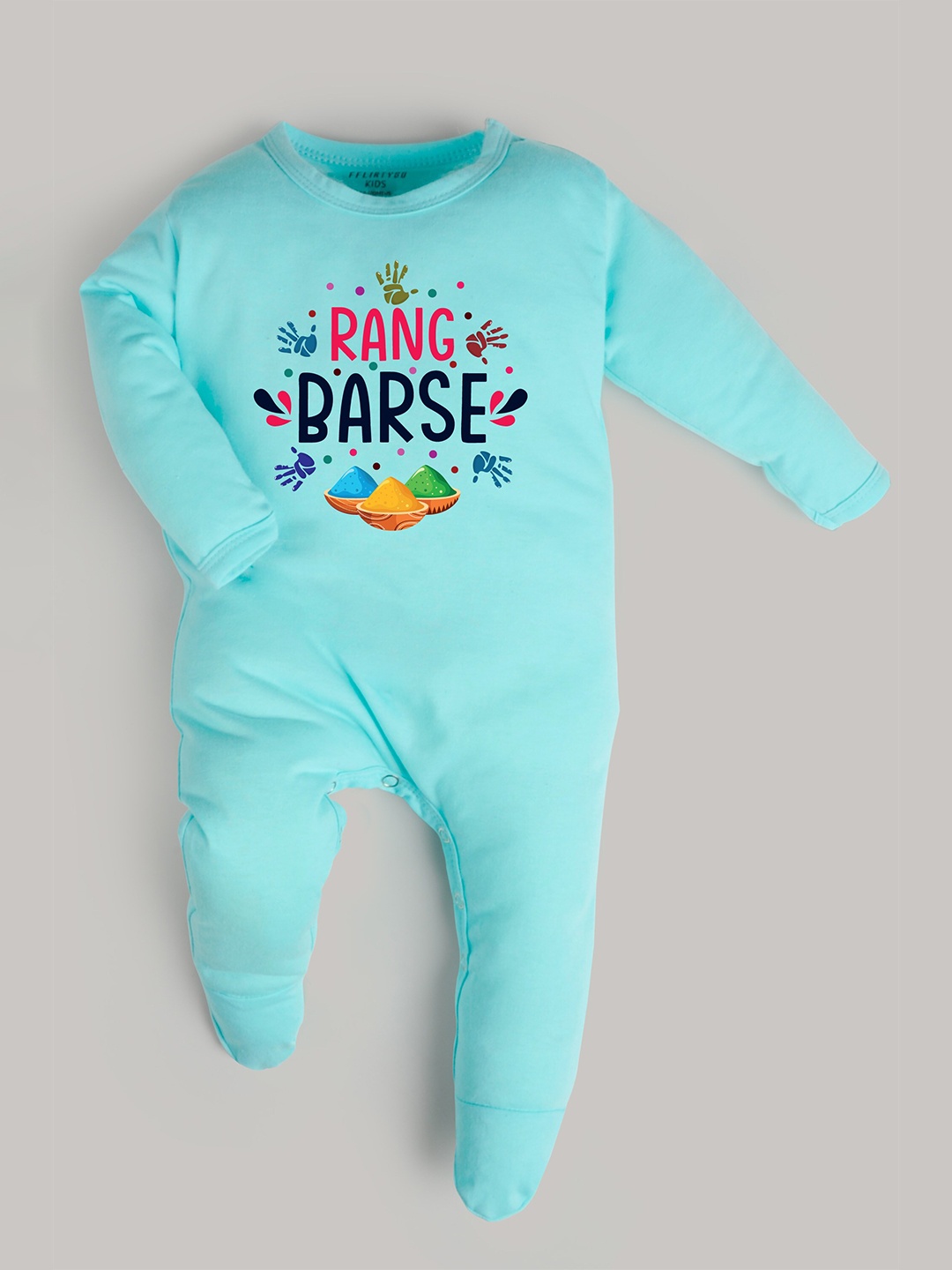 

FFLIRTYGO Infants Holi Special Printed Cotton Sleepsuit, Turquoise blue