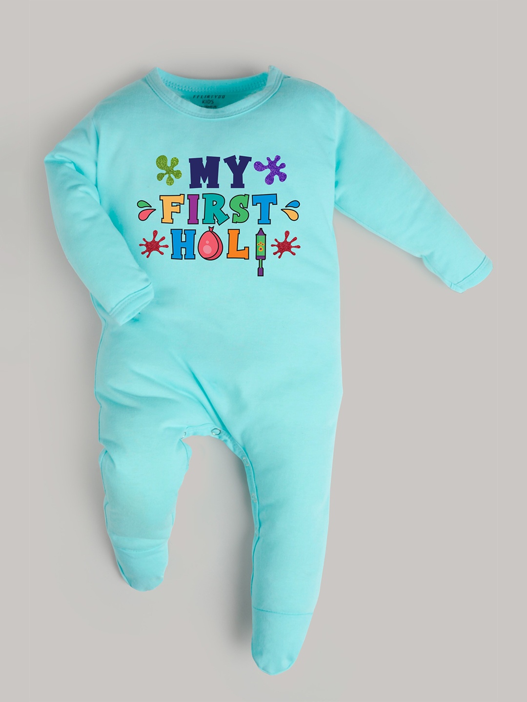 

FFLIRTYGO Infants Printed Round Neck Cotton Sleepsuit, Turquoise blue