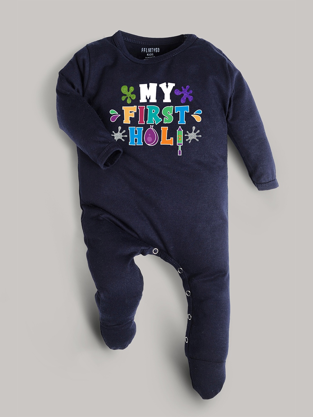 

FFLIRTYGO Infants Printed Round Neck Cotton Sleepsuit, Navy blue