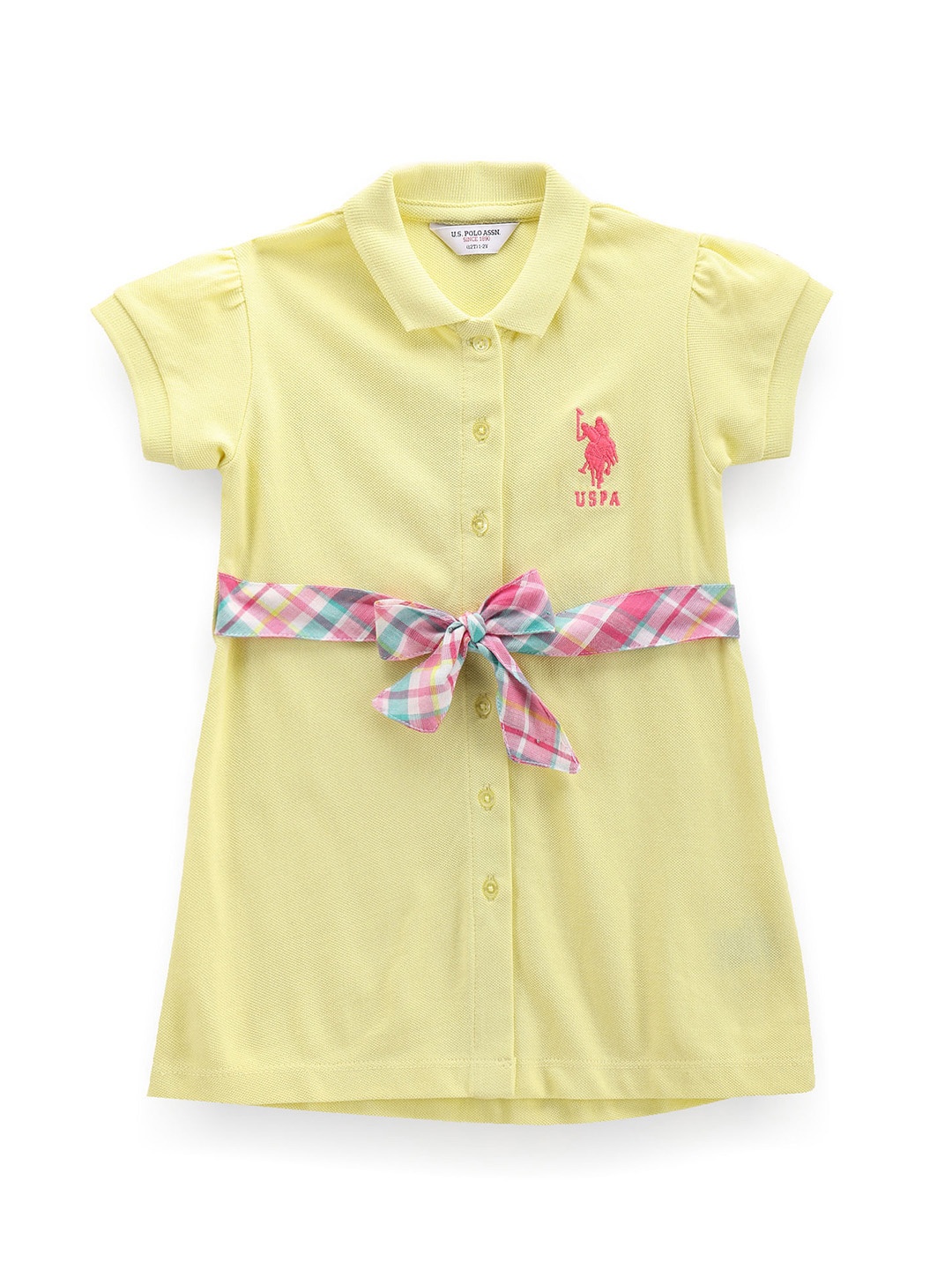 

U.S. Polo Assn. Kids Girls Shirt Collar Puffed Sleeves Pure Cotton A-Line Dress, Yellow