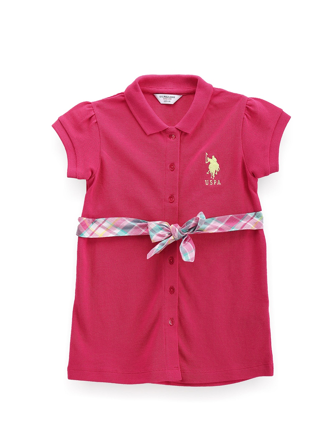 

U.S. Polo Assn. Kids Girls Short Sleeves Belted Cotton Shirt Dress, Pink