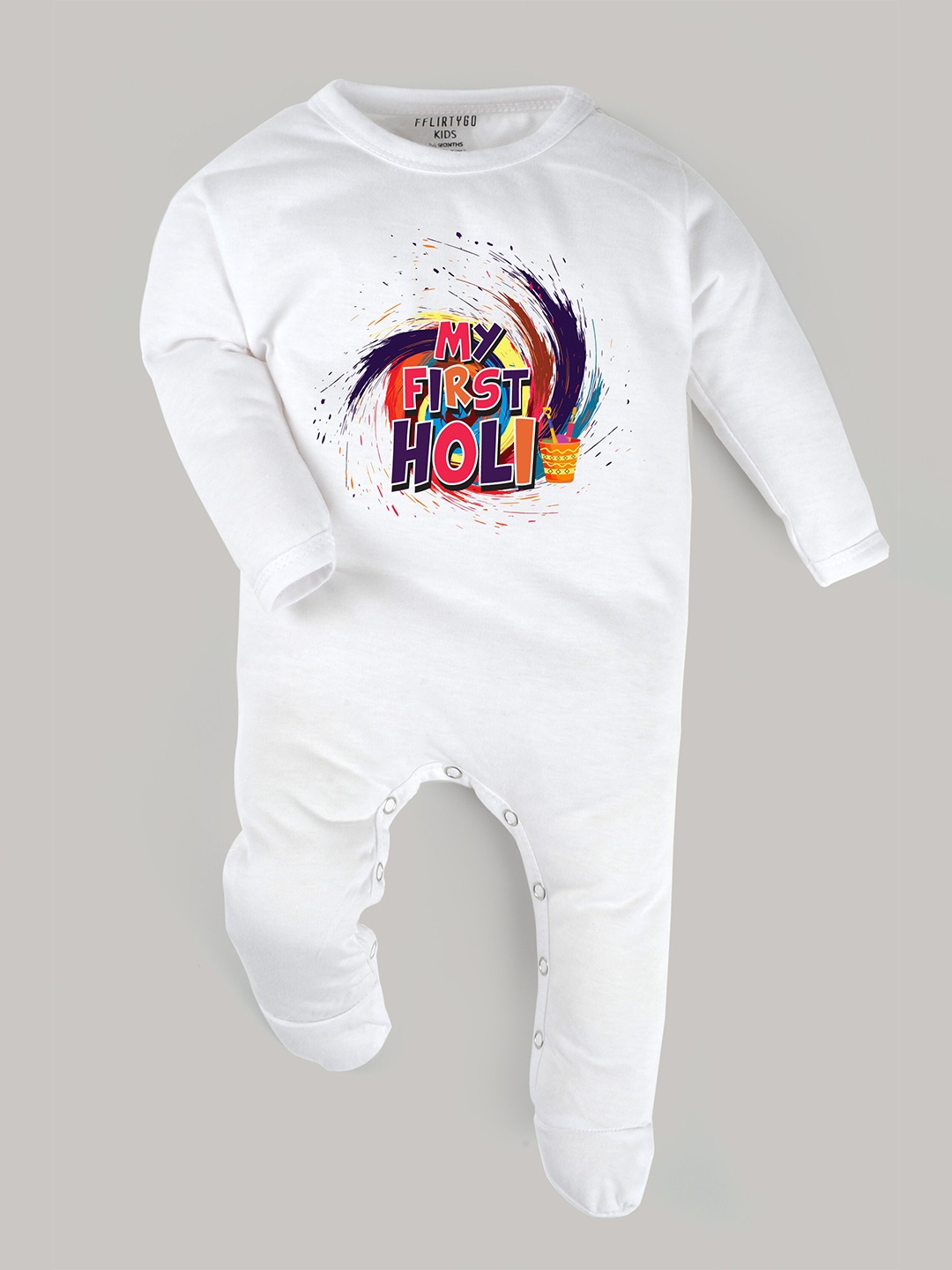 

FflirtyGo Kids Holi Printed Long Sleeveless Cotton Sleepsuit, White
