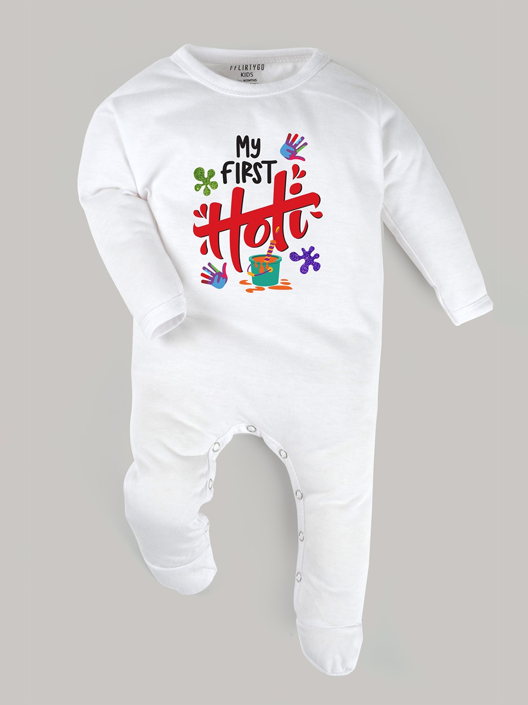 

FflirtyGo Kids Holi Printed Cotton Sleepsuit, White