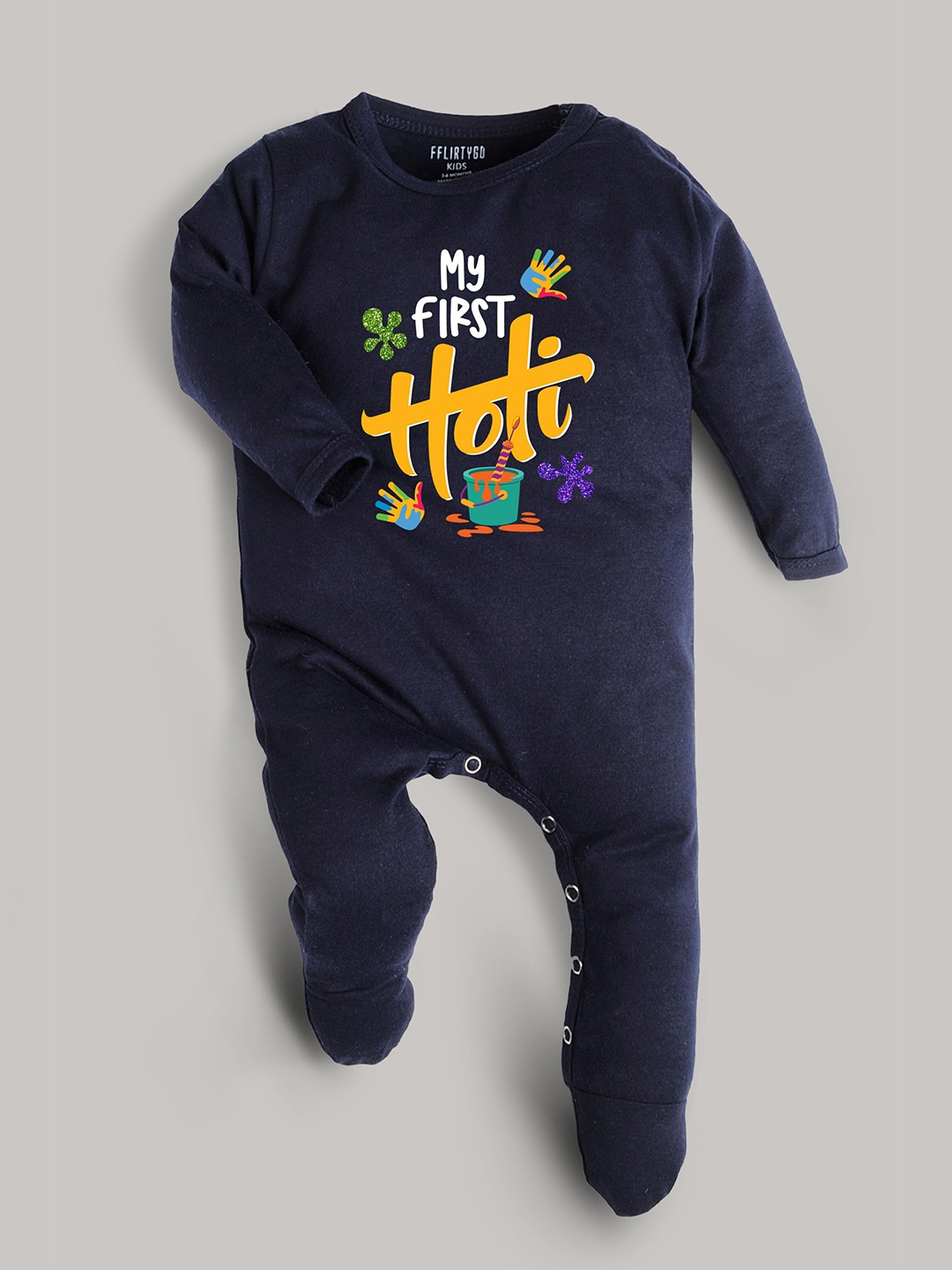 

FflirtyGo Infants Typography Printed Holi Special Pure Cotton Sleepsuit, Navy blue