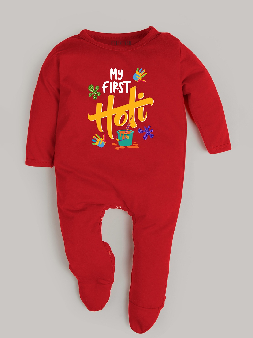 

FflirtyGo Infants Typography Printed Holi Special Pure Cotton Sleepsuit, Red