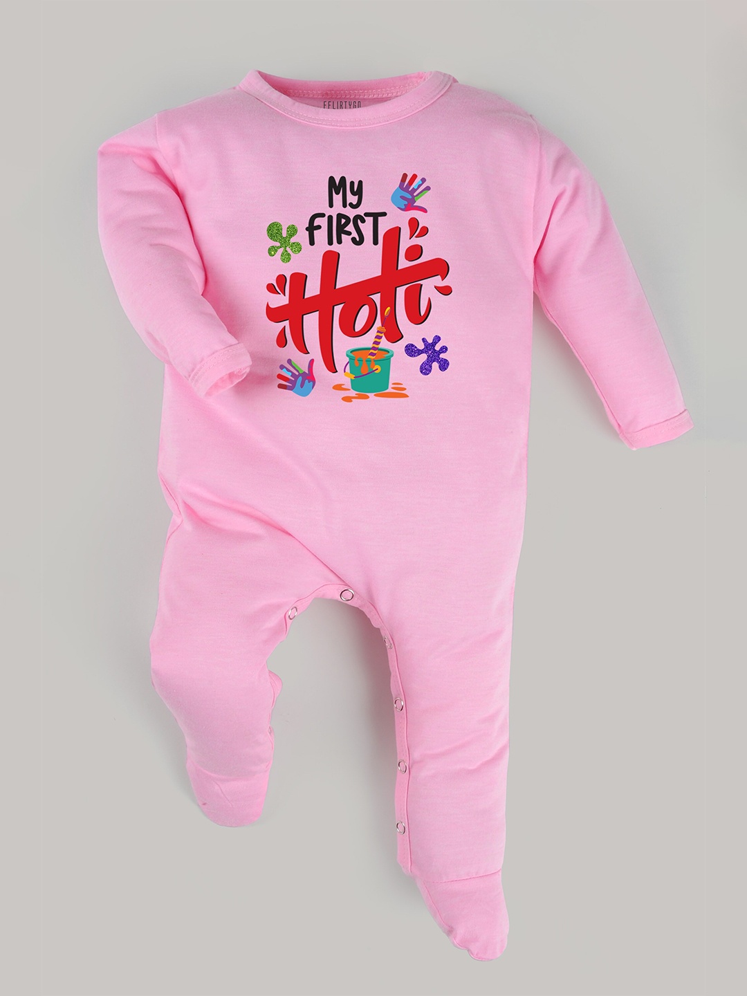 

FflirtyGo Infants Typography Printed Holi Special Pure Cotton Sleepsuit, Pink