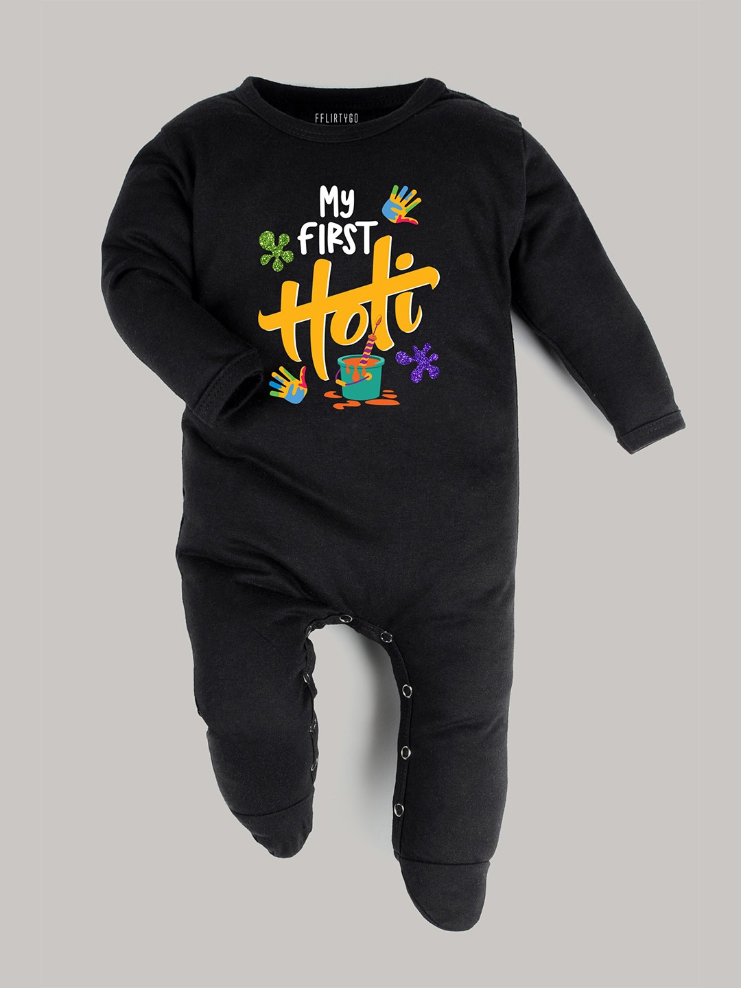 

FflirtyGo Infants Typography Printed Holi Special Pure Cotton Sleepsuit, Black
