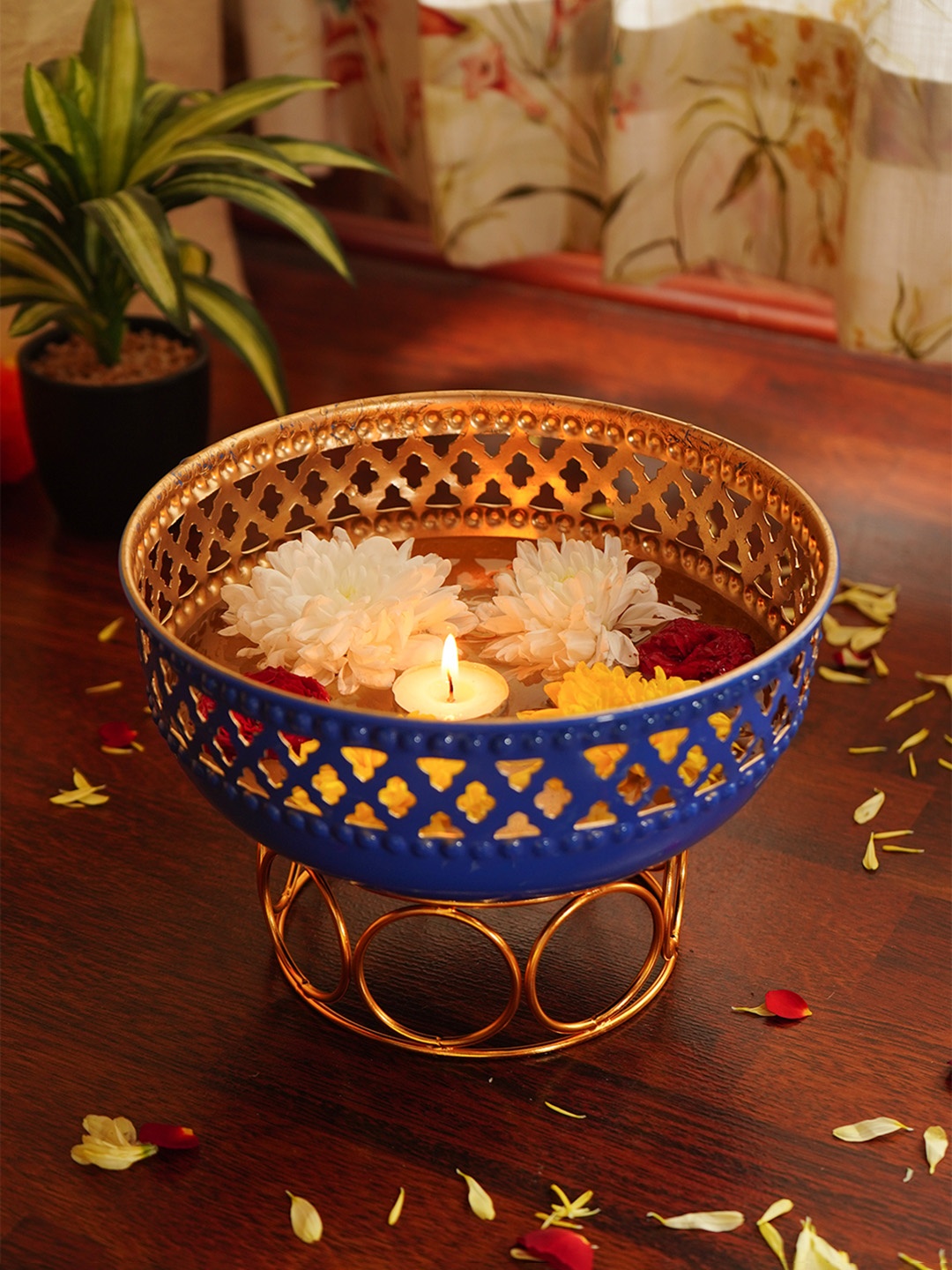 

Ekhasa Blue Floral Textured Decorative Metal Urli Bowl With Stand