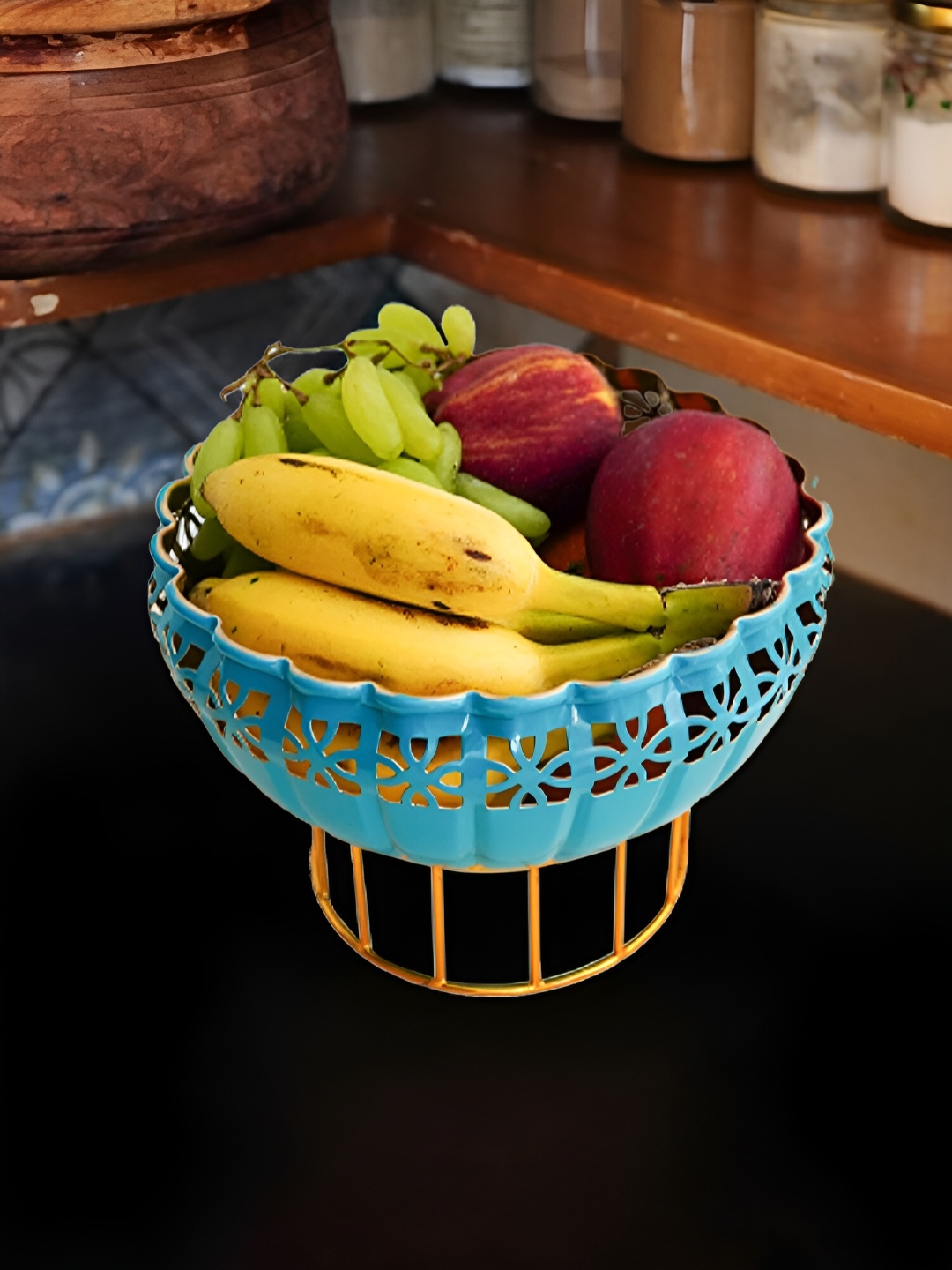 

Ekhasa Blue Metal Fruit And Vegetable Basket With Stand
