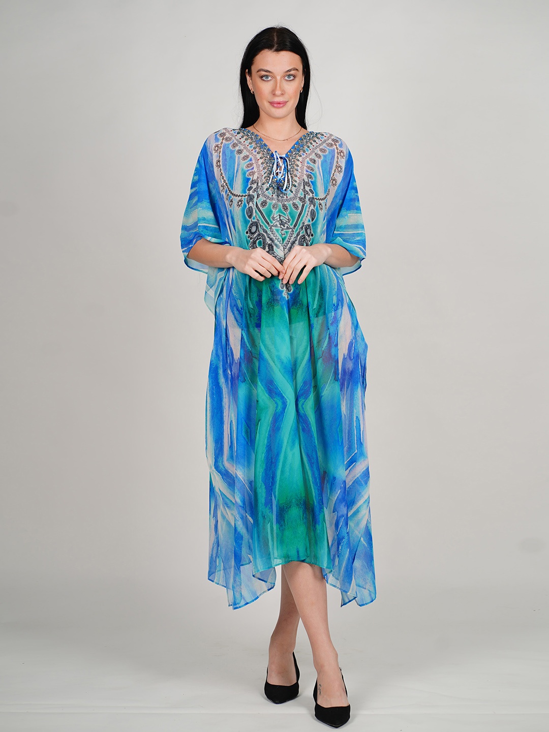 

Rajoria Instyle Abstract Printed Tie-Up Neck Extended Sleeves Georgette Kaftan Midi Dress, Blue