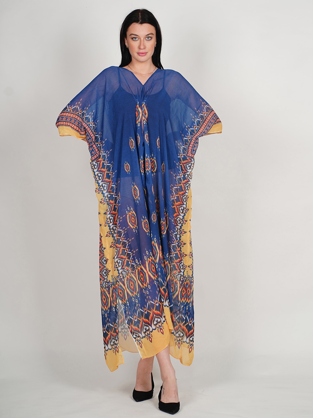 

Rajoria Instyle Ethnic Motifs Printed V-Neck Semi Sheer Georgette Kaftan Maxi Dress, Blue