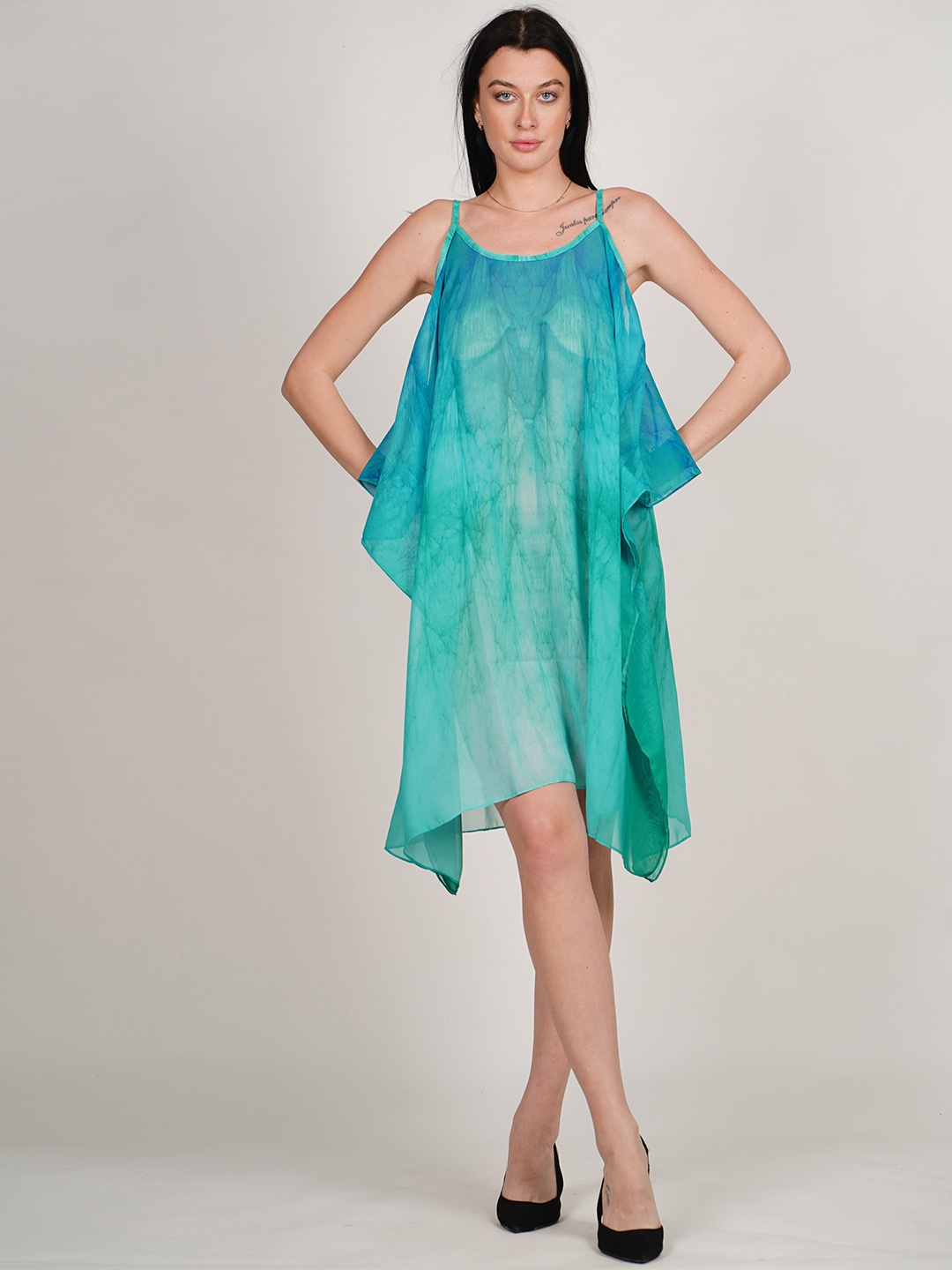 

Rajoria Instyle Tie and Dye Shoulder Straps Semi Sheer Georgette Kaftan Dress, Blue