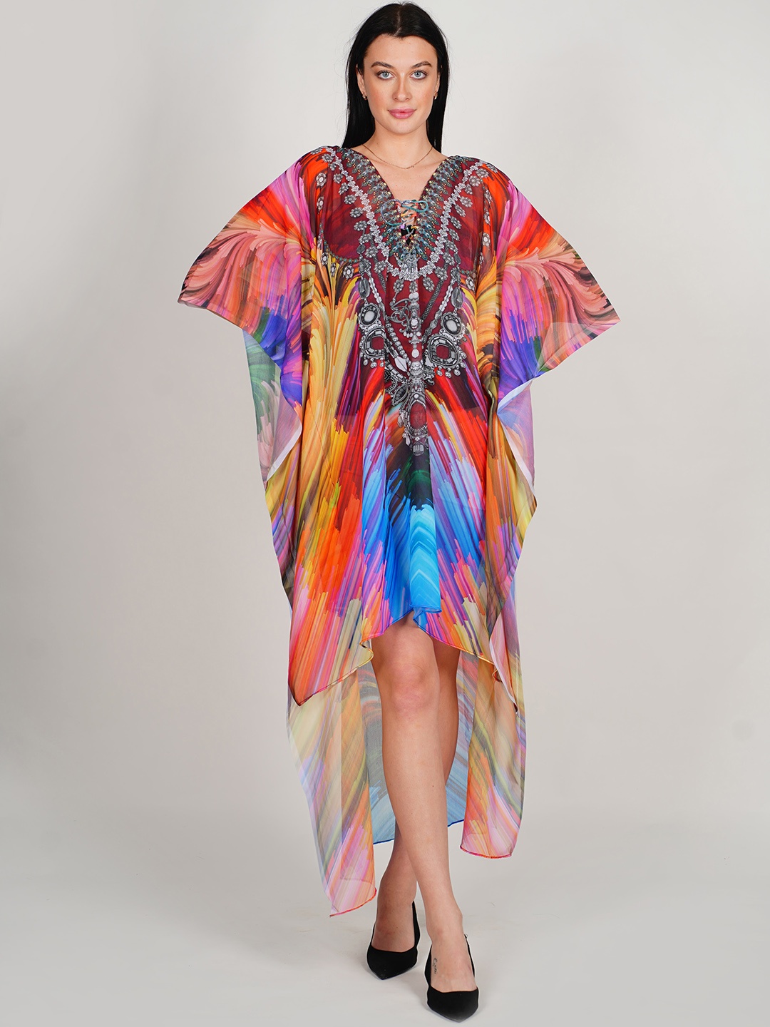 

Rajoria Instyle Abstract Printed Kimono Sleeves Georgette Kaftan Swimwear Cover Up Dress, Red