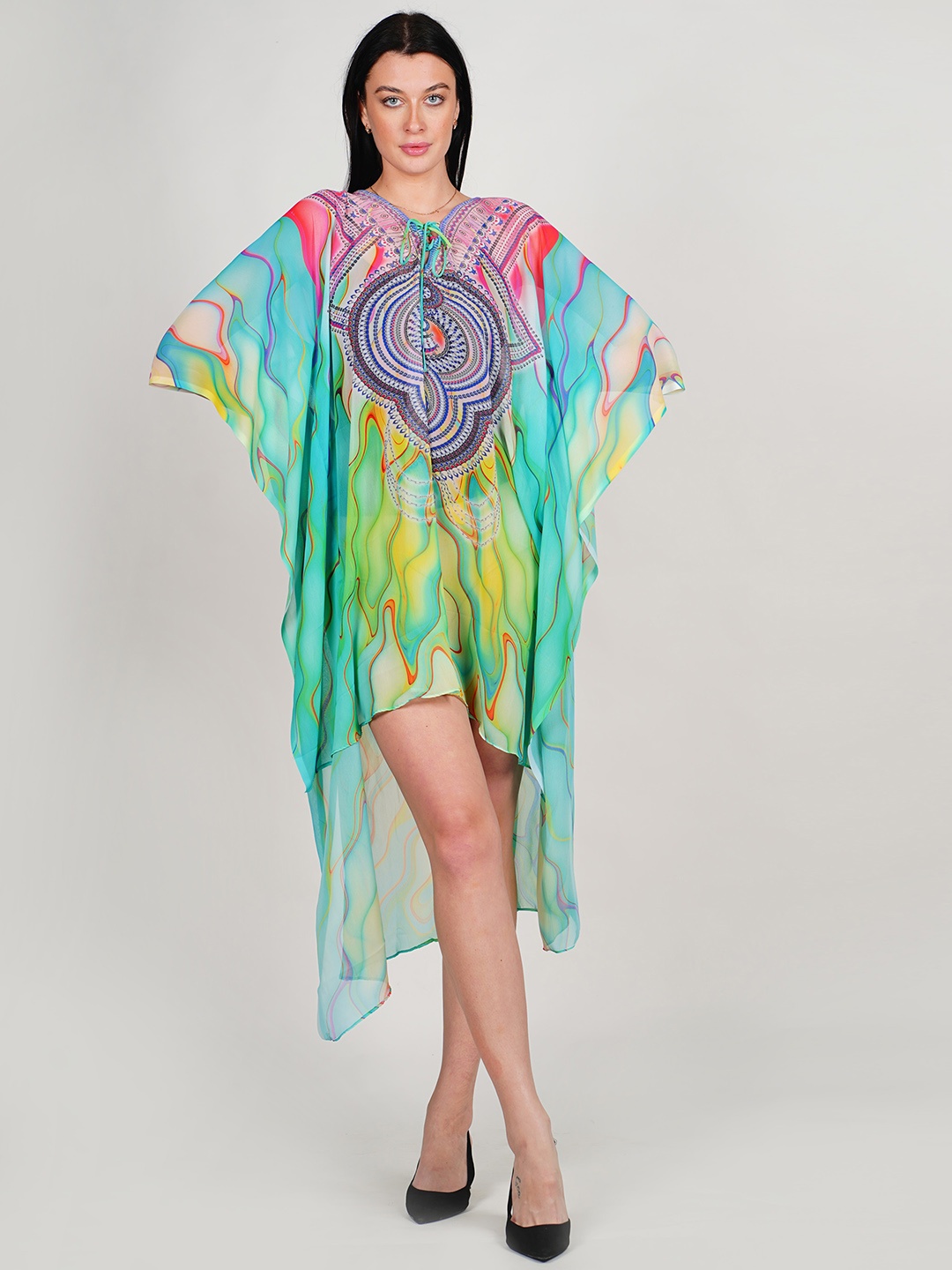 

Rajoria Instyle Abstract Printed Flared Sleeves Georgette Kaftan High-Low Dress, Blue