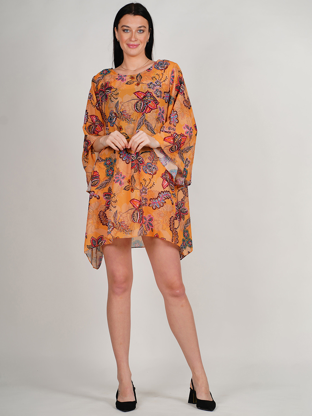 

Rajoria Instyle Digital Printed Flared Sleeve Georgette Kaftan Dress, Orange