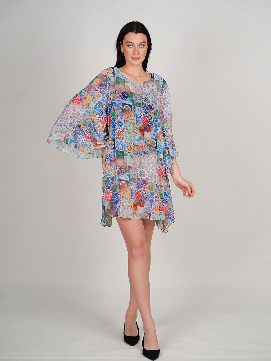 

Rajoria Instyle Printed Flared Sleeve Georgette Kaftan Dress, Grey