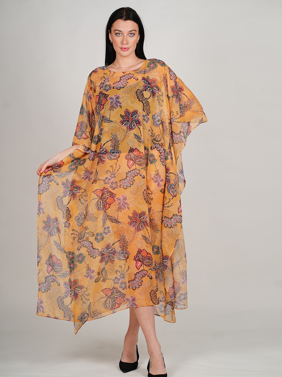 

Rajoria Instyle Floral Printed Flared Sleeves Georgette Kaftan Midi Dress, Orange