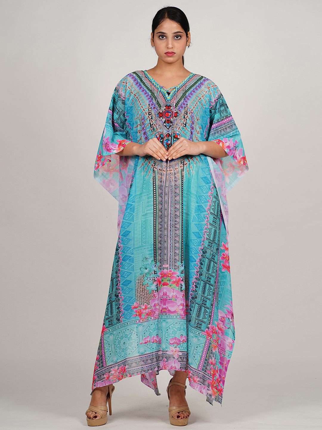 

Rajoria Instyle Geometric Printed Kimono Sleeves Georgette Kaftan Swimwear Cover Up Dress, Blue
