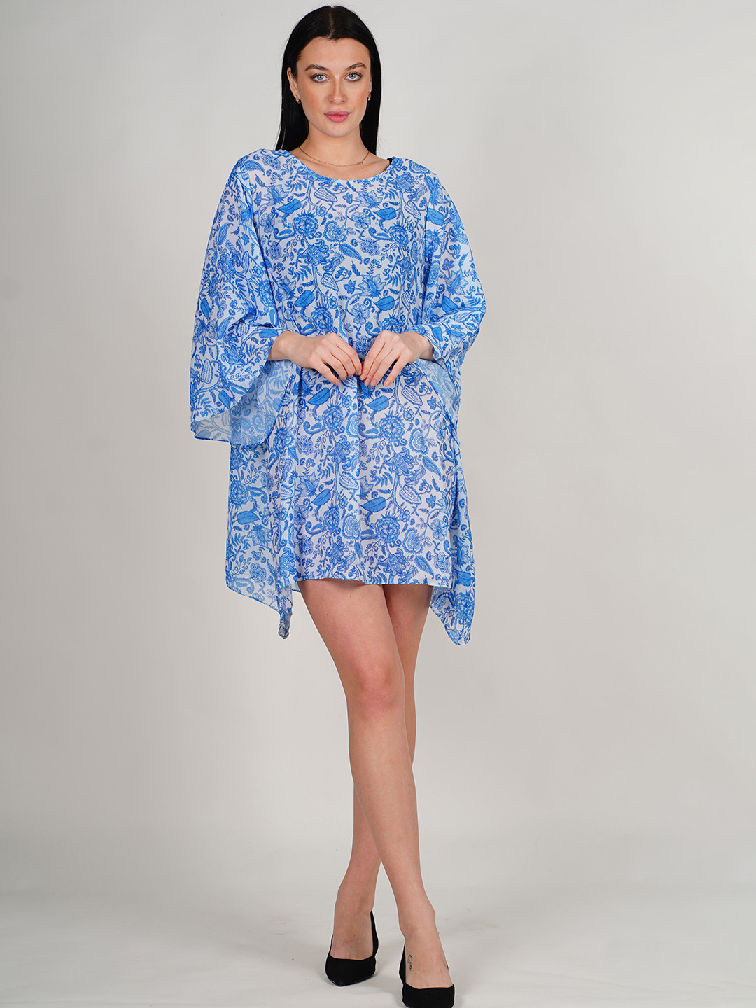 

Rajoria Instyle Floral Printed Flared Sleeves Georgette A-Line Dress, Blue