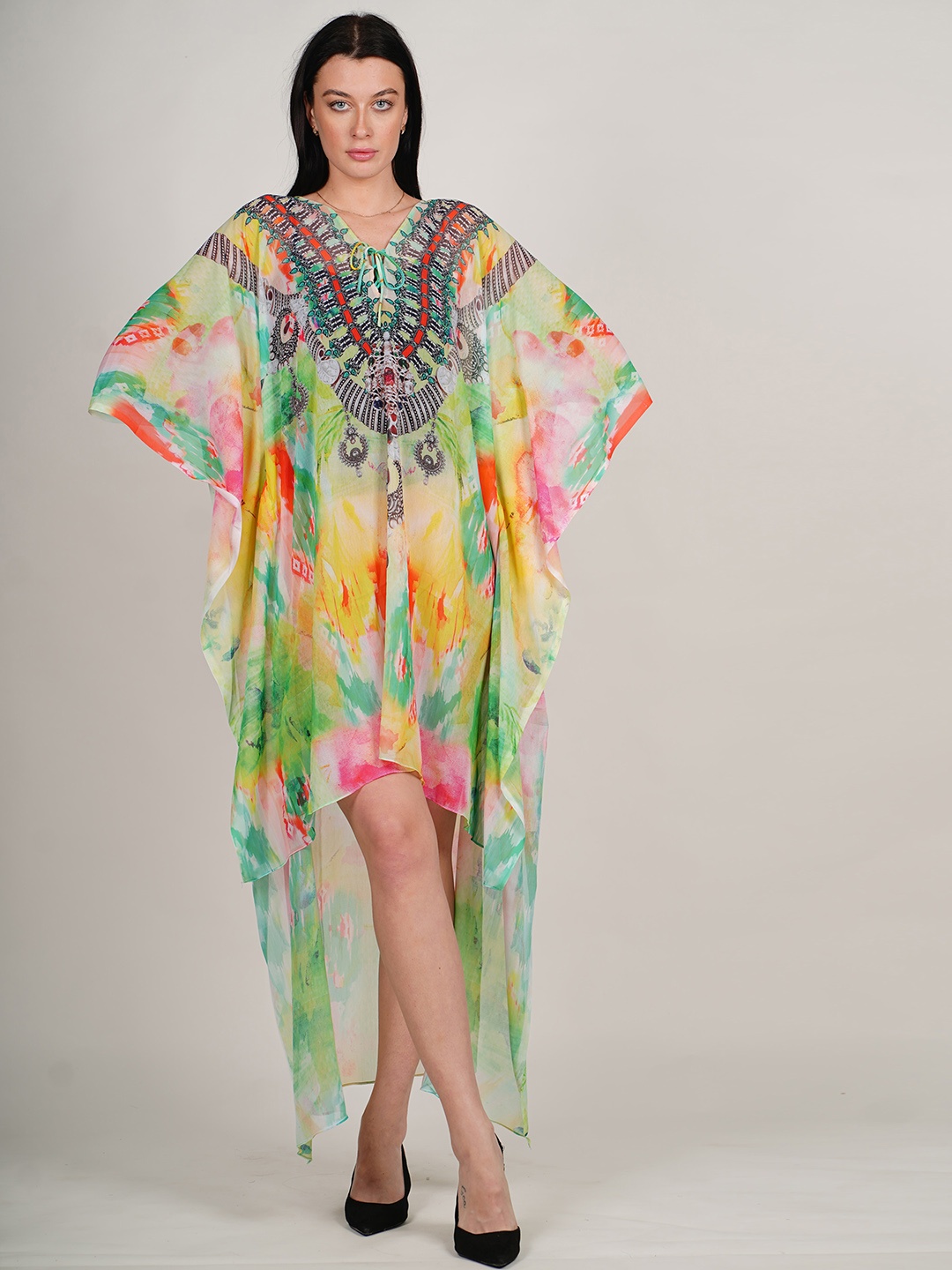 

Rajoria Instyle Abstract Printed Flared Sleeve Georgette Kaftan High-Low Dress, Green
