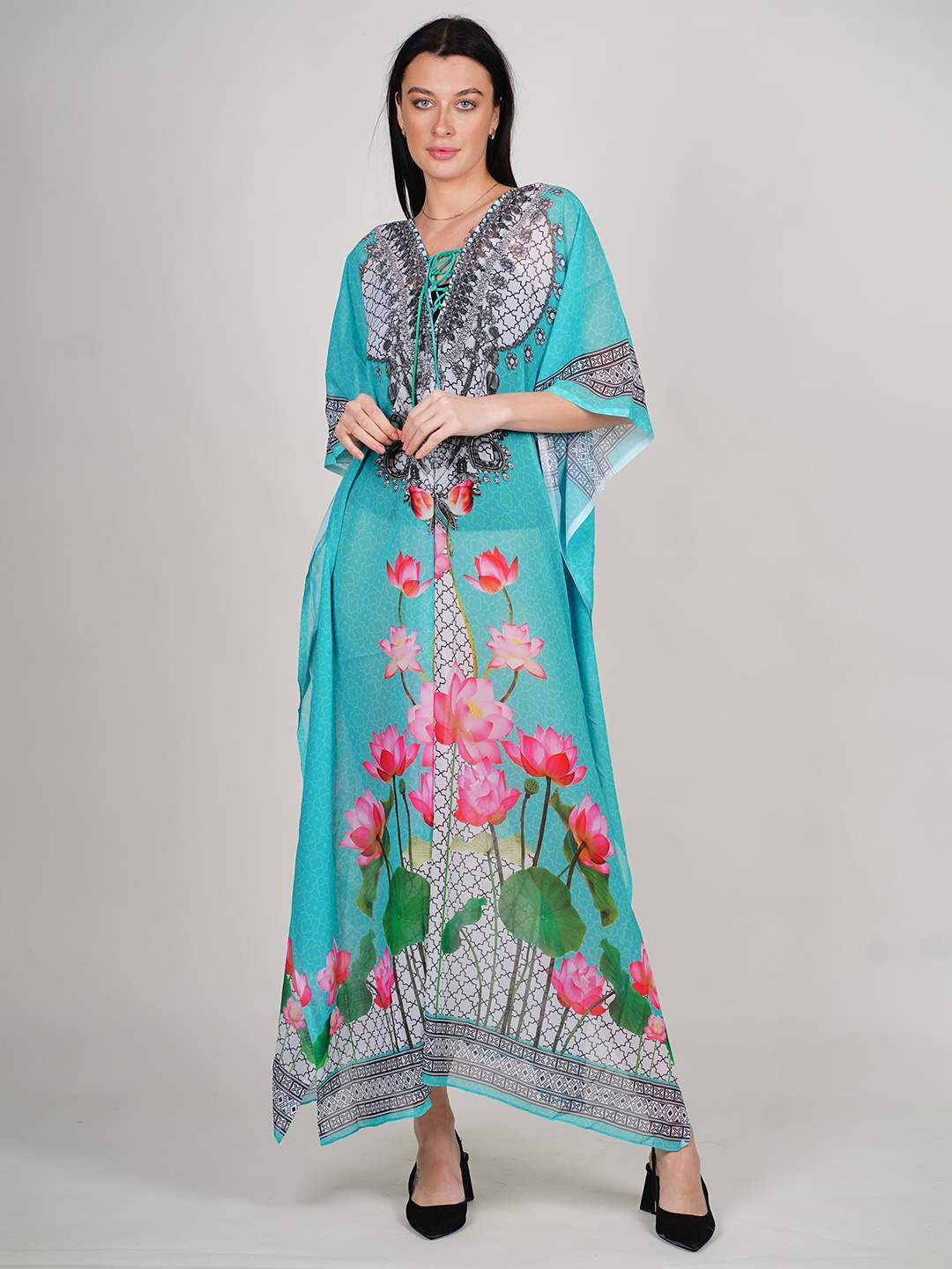

Rajoria Instyle Floral Printed Tie-Up Neck Georgette Kaftan Maxi Dress, Blue