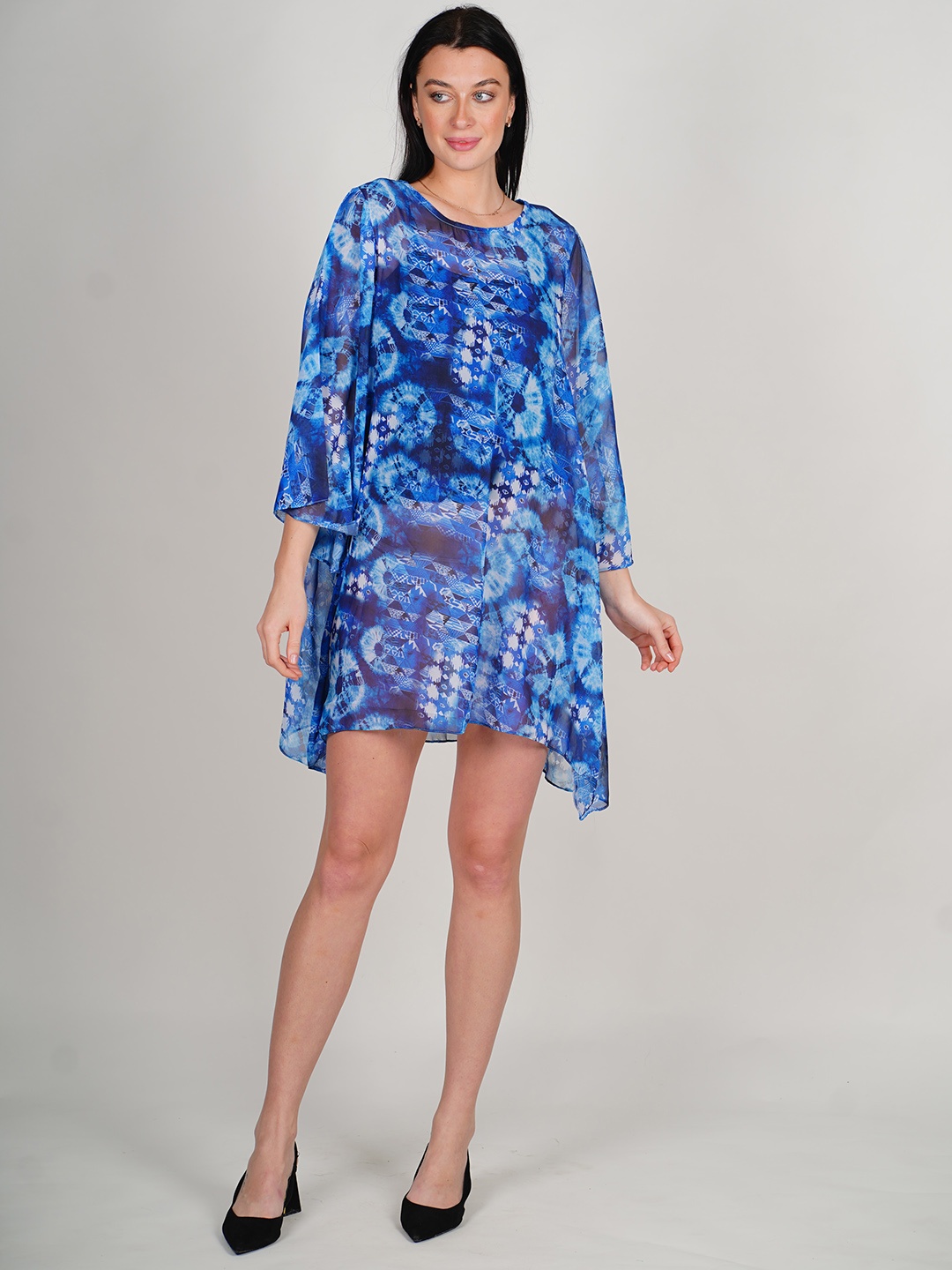 

Rajoria Instyle Abstract Printed Flared Sleeve Semi Sheer Georgette A-Line Dress, Blue